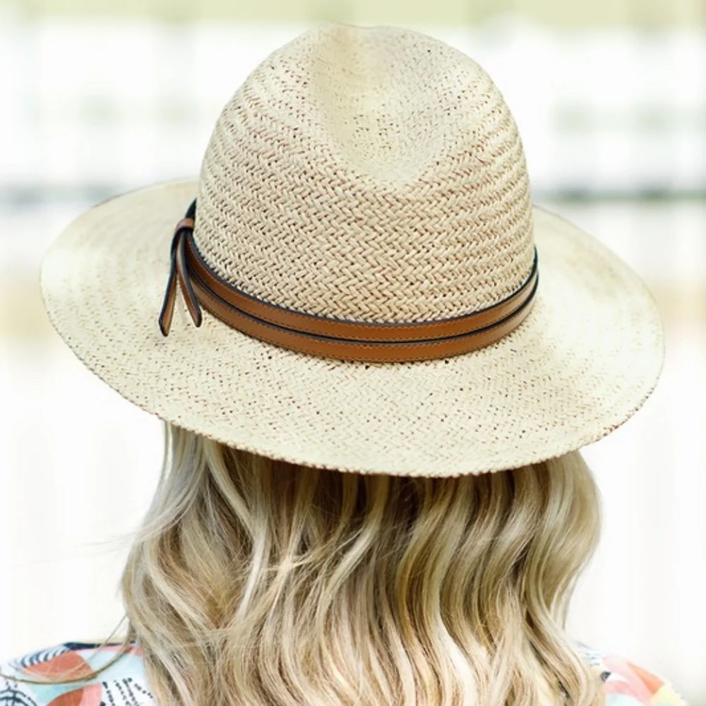 SOLD OUT Natural Woven Panama Hat w/ Faux Leather Double Band Women's - Picture 3 of 7